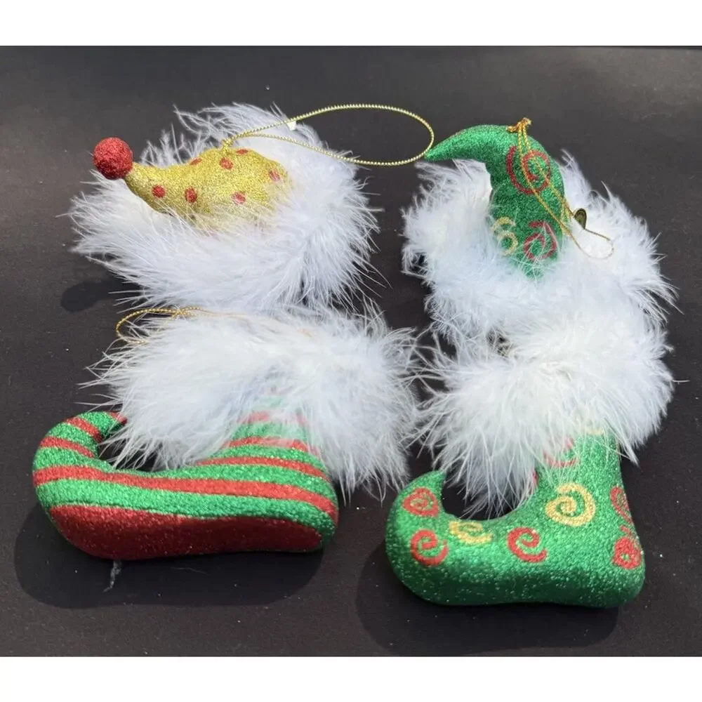 2 Vintage Department 56 Whimsical Elf Shoes & Hat Christmas ornaments -Lo10